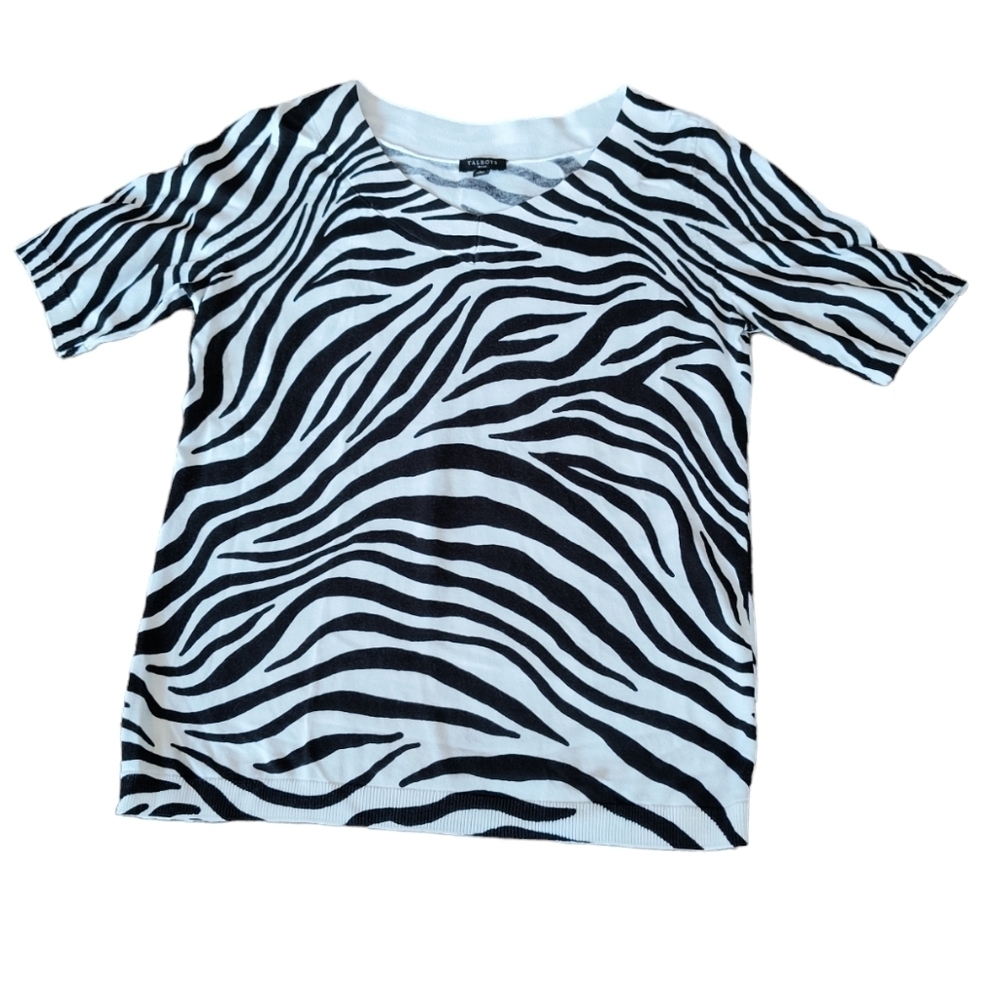 Talbots Petite Zebra Print Short Sleeve V-neck Lightweight Sweater Size …